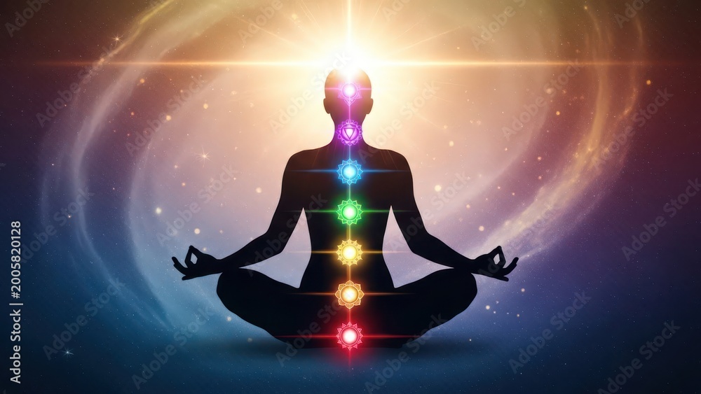 Fototapeta premium Mystical meditation practice with chakra alignment under cosmic glow backdrop