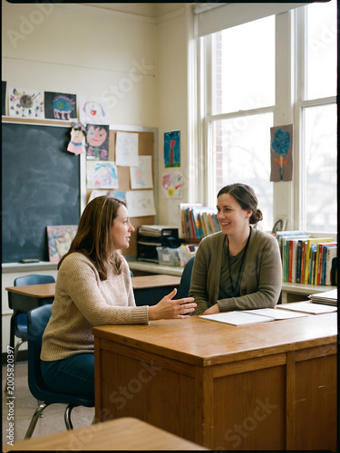Parent and teacher having discussion at desk in classroom setting