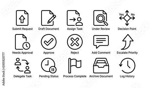 Workflow icons showing document and approval process in grid