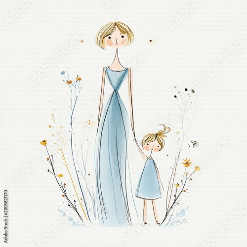 Mothers Day, Valentines Day, love holiday theme. A watercolor painting of a mother and daughter standing in a field of flowers. The mother, wearing a light blue dress, holds the hand of the child.
