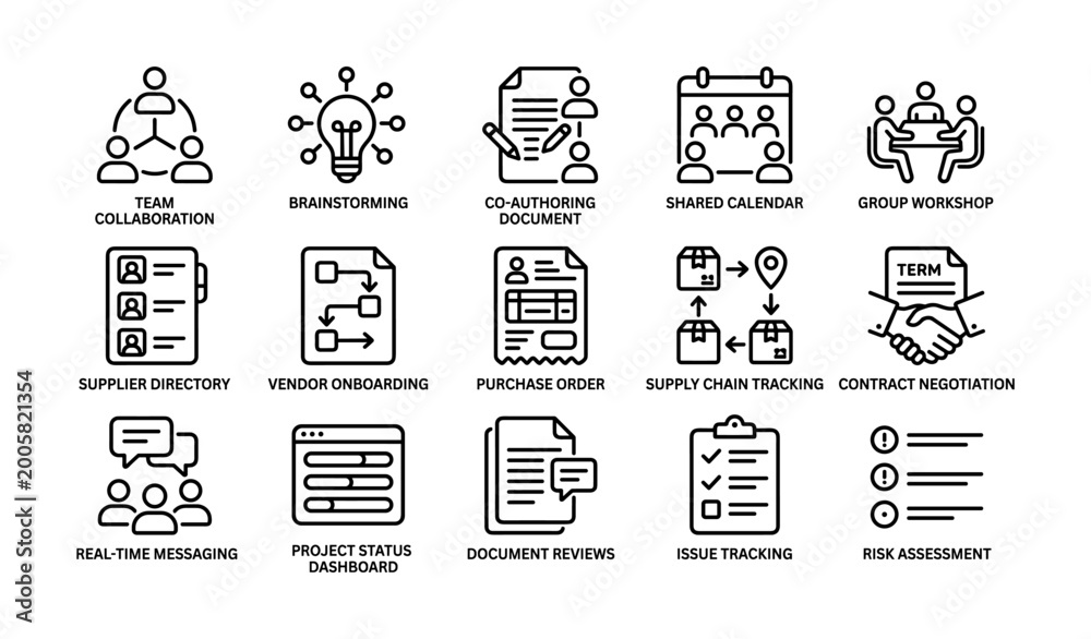 Fototapeta premium Team collaboration and procurement icons arranged in grid layout