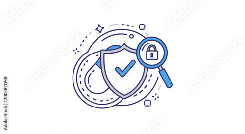 Cybersecurity concept: Shield with checkmark and magnifying glass over lock icon