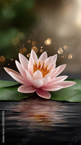 Pink lotus flower blooming on water, reflecting soft light, creating a serene and spiritual image representing inner peace, growth, and natural beauty