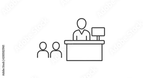 Customer service desk with attendant and waiting clients, icon illustration