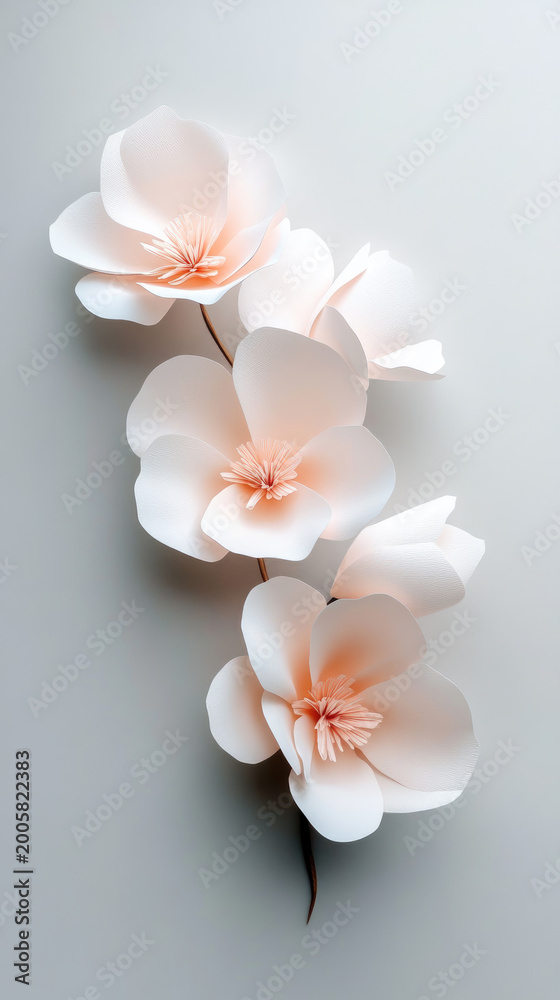 Fototapeta premium Delicate translucent rice paper blossom garland with soft pink petals creating a wedding or celebratory decoration. Arranged vertically against a subtle grey background