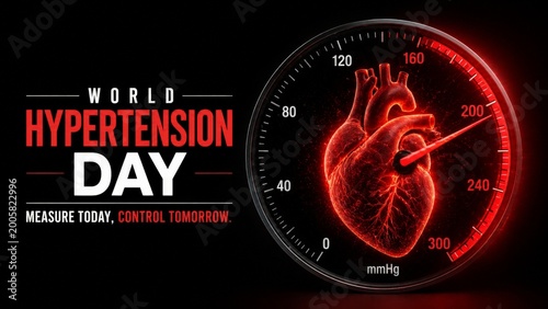 World Hypertension Day Healthcare Banner Red glowing heart pulses inside a blood pressure gauge