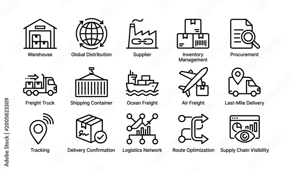 Fototapeta premium Logistics icons depicting supply chain services in grid layout