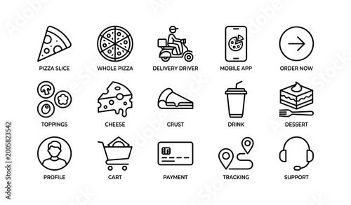 Pizza and delivery icons showing food and ordering symbols