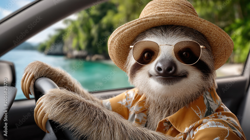Obraz premium Sloth driving a car while wearing a tropical shirt, straw hat, and sunglasses, happily embarking on a summer vacation road trip along a scenic coastal route with clear blue water and lush islands