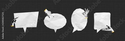 Fotografie Empty speech bubbles made of crumpled white paper texture with collage halftone hands with different gesture