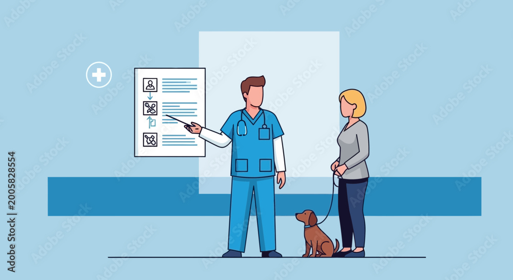 Obraz premium Veterinarian Explains Treatment Plan to Pet Owner with Dog