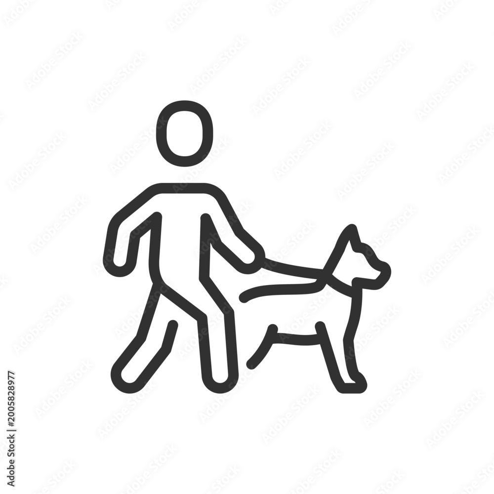 Fototapeta premium Person walking dog, linear style icon. Pet care and dog walking service. Editable stroke width