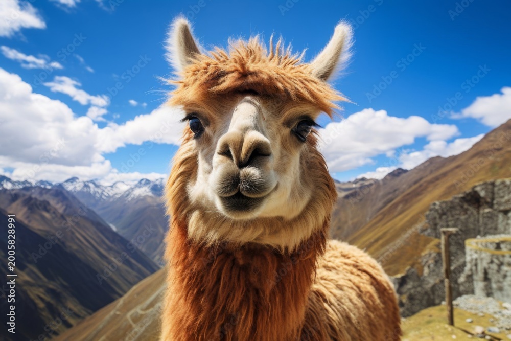 Fototapeta premium Alpaca portrait mountain landscape sunny day travel nature animal Peru