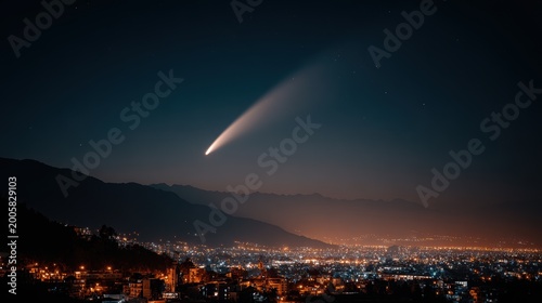 Space universe exploration, fantasy. A nighttime landscape photograph captures a cityscape illuminated by city lights. The city is densely populated with buildings of various sizes and shapes.