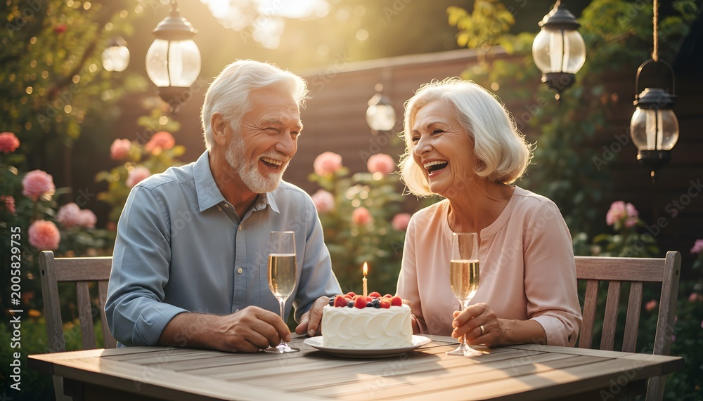 Fototapeta premium Happy elderly couple at outdoor birthday celebration with cake and sparkling wine, laughing together in a summer garden for senior lifestyle and longevity concept
