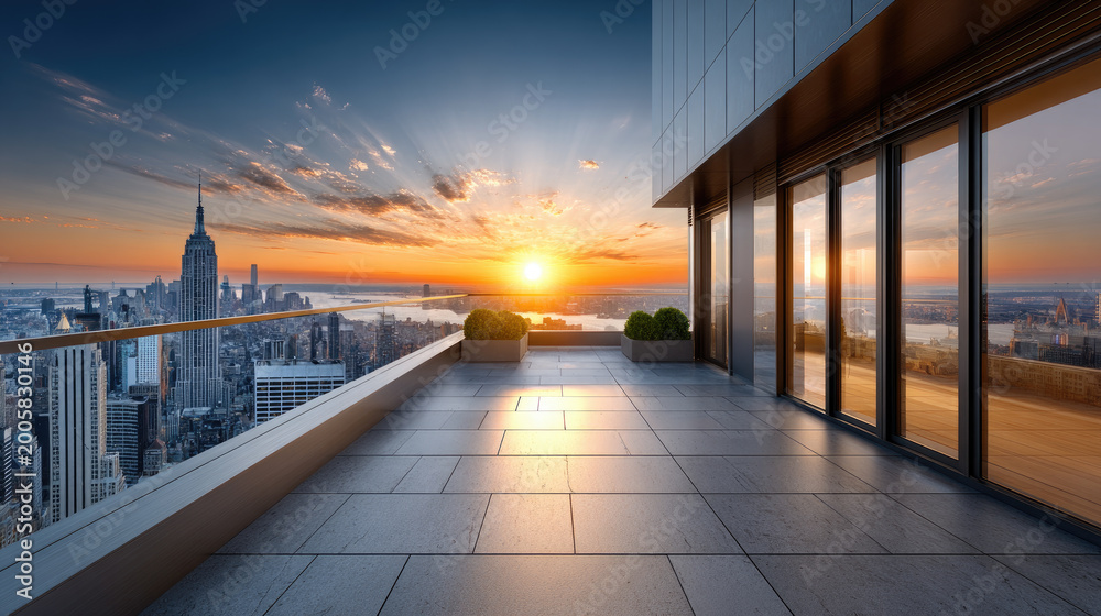 Fototapeta premium Modern rooftop terrace balcony overlooking a coastal metropolis city skyline at golden hour sunset, showing an urban landscape with towering skyscrapers and the vast lake