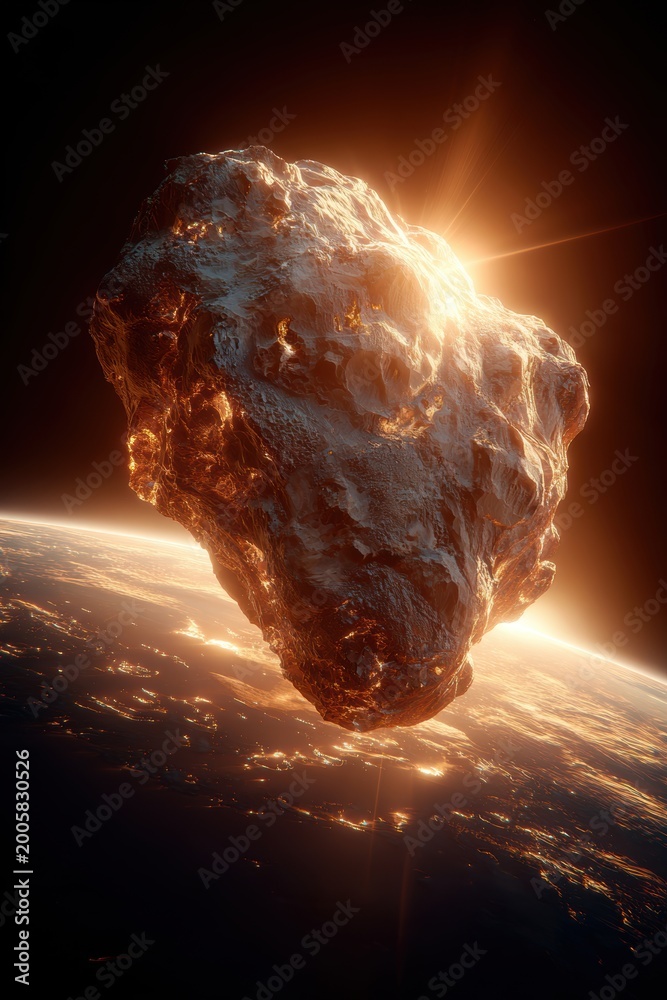 Naklejka premium Space universe exploration, fantasy, mysterious. A vivid, highresolution digital artwork depicts an asteroid approaching Earth. The asteroid is depicted in a dynamic pose.