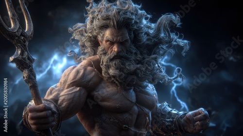 Greek mythology god Zeus. Fantasy. A detailed digital artwork depicts a muscular, bearded man with long, flowing hair and a fierce expression. He holds a trident in his right hand, ready to strike.