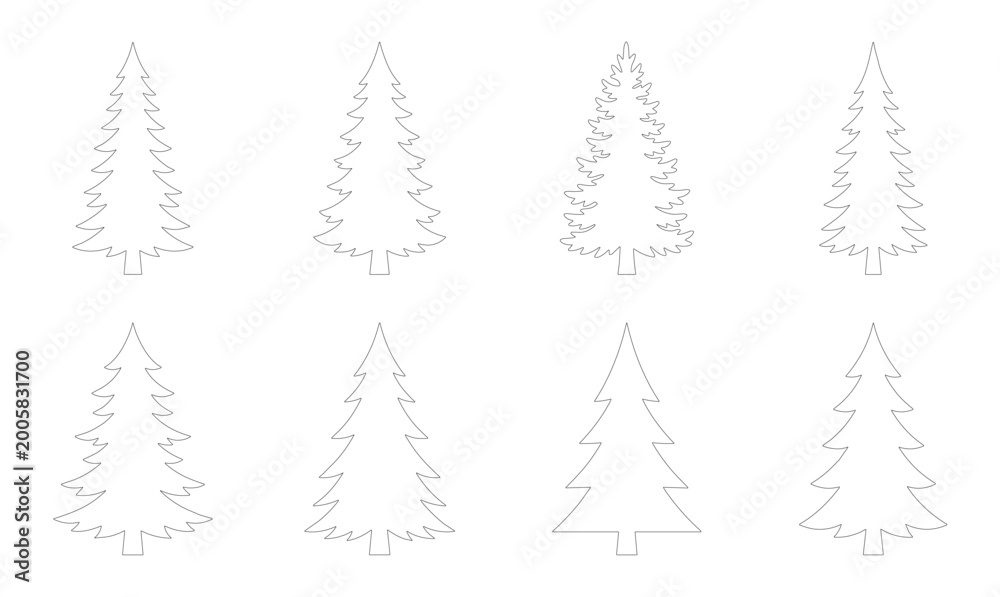 Obraz premium Set of 8 Editable Stroke Detailed Evergreen Fir Tree Outline Icons — Christmas Pine Tree Silhouettes Minimalist Line Art Vector Isolated on White