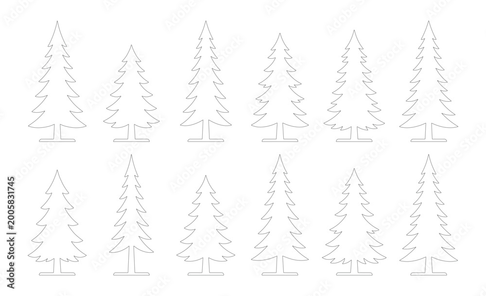 Obraz premium Set of 12 Editable Stroke Classic Christmas Fir Tree Outline Icons — Symmetrical Evergreen Tree Silhouettes Minimalist Line Art Vector Isolated on White