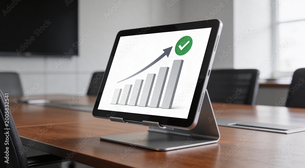 Fototapeta premium Executive finance analytics workspace with upright tablet on desk stand, ascending bar chart and growth approval interface, premium boardroom background for B2B reporting and strategy
