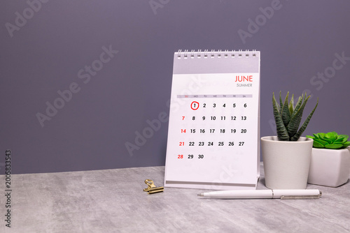 wooden calendar blocks outdoors in green field of daisies showing the date 1st June with copy space