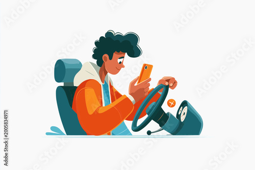 Young driver holding the steering wheel with one hand and using a cell phone with the other while driving, depicting distracted driving and the risks of inattention in traffic.