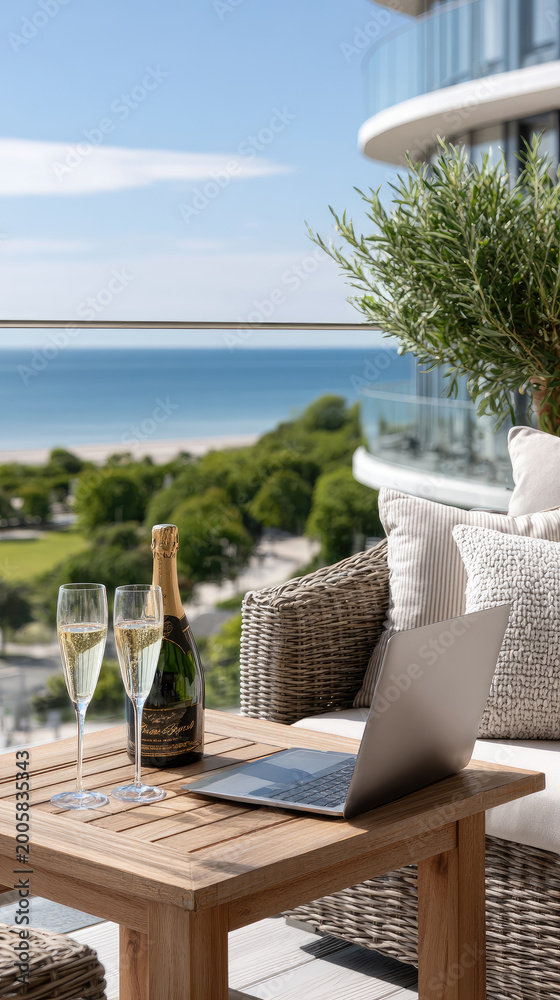 Naklejka premium Remote work lifestyle showcasing financial freedom, success, and luxury on a beautiful coastal balcony with a laptop and champagne overlooking the serene Mediterranean sea
