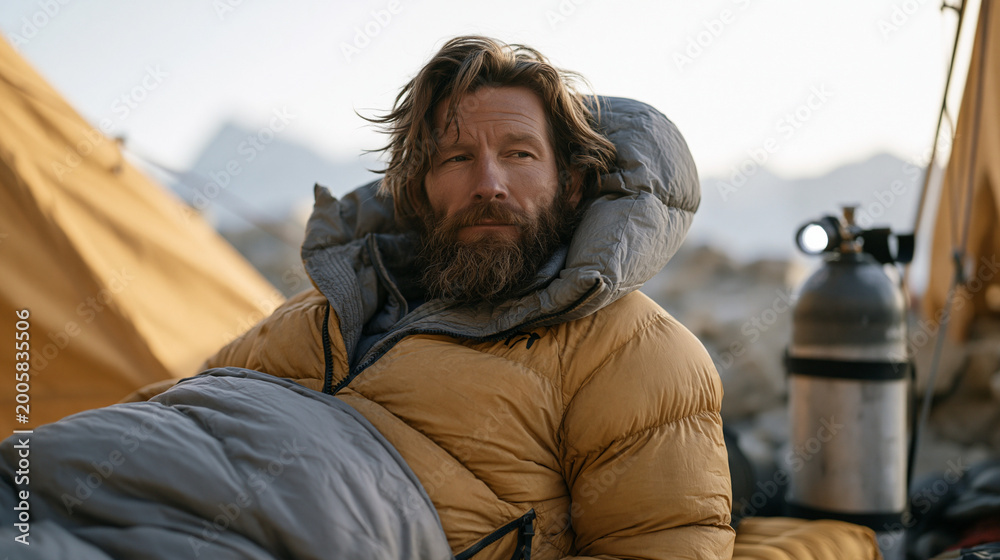 Fototapeta premium mountaineer resting at high camp during acclimatization rotation, insulated sleeping mat on talus slope at 5500 meters, supplemental oxygen cylinder beside headlamp, labored breathing visible in thi