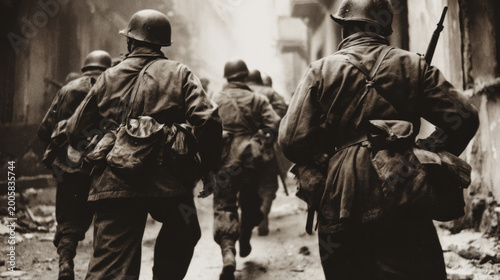 Soldiers in uniform marching through rubble during wartime conflict