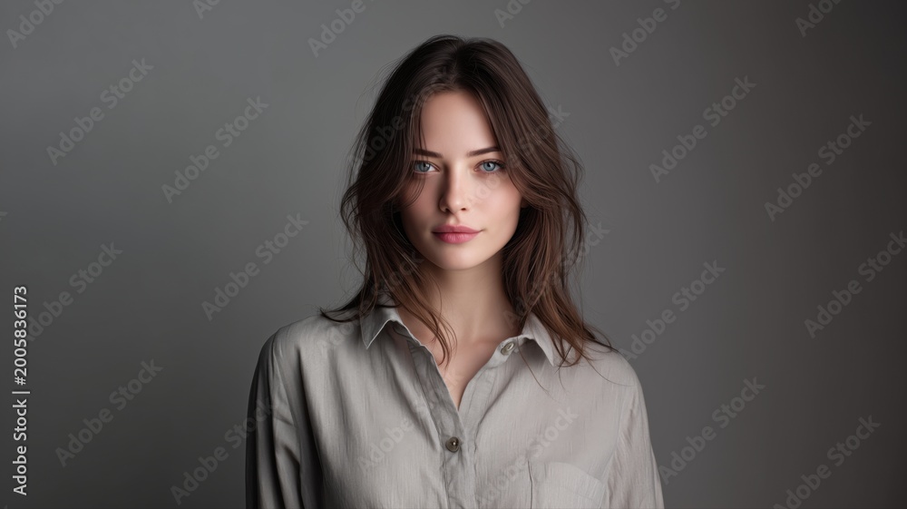 Fototapeta premium 青い目の女性がグレーのシャツを着て正面を見ている姿。ポートレートやプロフィール写真、ビジネスシーンに適したイメージ