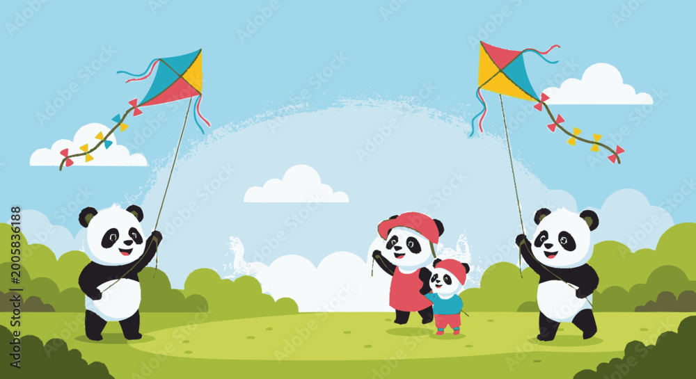 Obraz premium Happy panda family flying colorful kites in a park