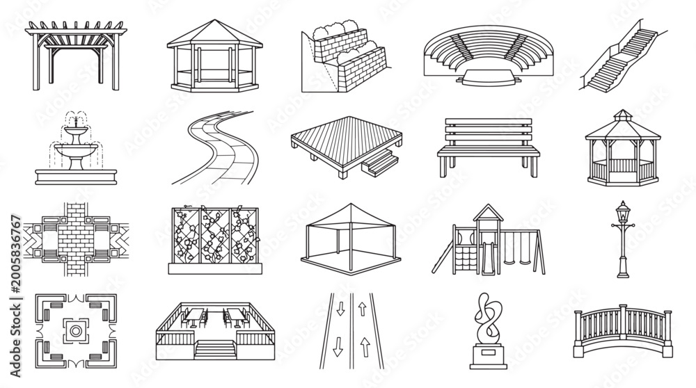 Fototapeta premium Collection of Park and Garden Structure Line Icons – Gazebo, Bench, Fountain, Playground, Bridge, Pavilion