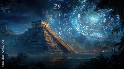 Maya Aztec civilization, Mexico culture. Mysterious, fantasy. A vivid, fantastical depiction of a Mayan pyramid set against a backdrop of a dense jungle.