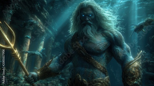 Greek mythology sea god Poseidon. Fantasy. A vivid portrayal of a mythical creature, likely a mermaid or aquaman, set against an underwater backdrop. The creature has a long.