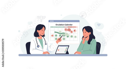 Doctor explains ovulation calendar to woman, fertility planning, reproductive health
