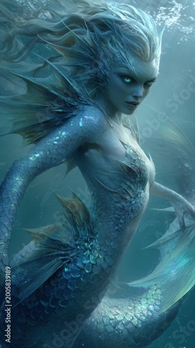 Fantasy, mysterious, wallpaper. A vivid portrayal of a mermaid, set against a serene underwater backdrop. The mermaids body is intricately designed with scales of varying shades of blue and silver.