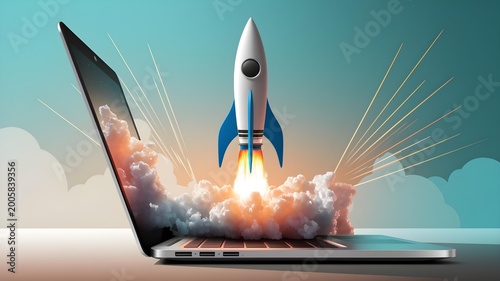 A rocket launching from a laptop screen, symbolizing business startup, technological innovation, and rapid digital growth
