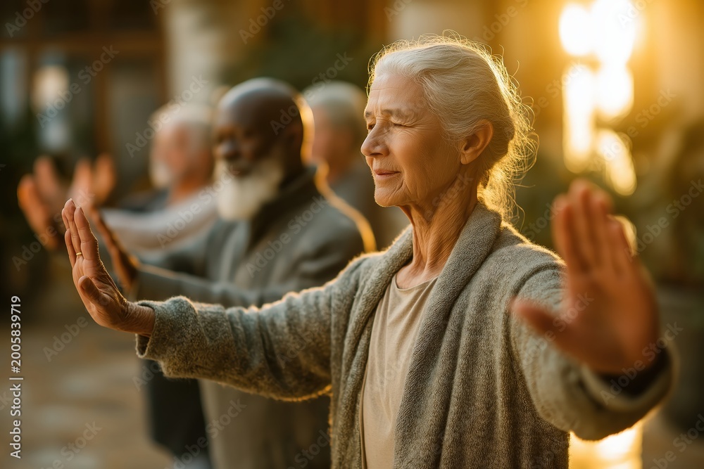 Fototapeta premium A group of elderly people practicing mindful meditation or Tai Chi, standing with eyes closed and arms outstretched in a peaceful, sunlit setting.