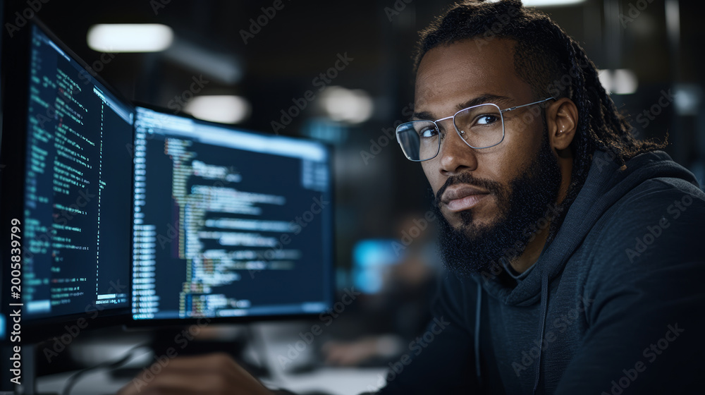 Fototapeta premium Focused Black man wearing glasses coding on multiple computer screens in a dark office