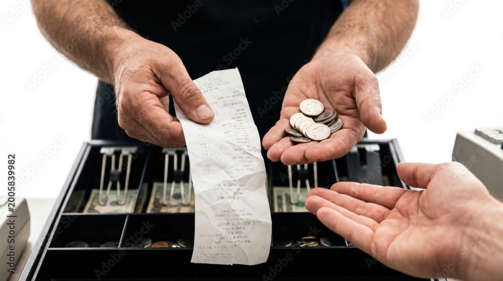 Fototapeta premium Cashier handing a paper receipt and metal coin change to a customer at a register