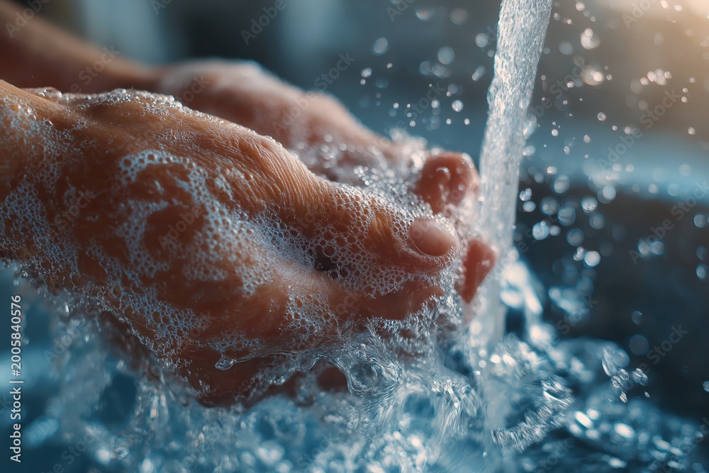 Fototapeta premium Hands are being washed thoroughly with soap and running water, emphasizing cleanliness and hygiene.