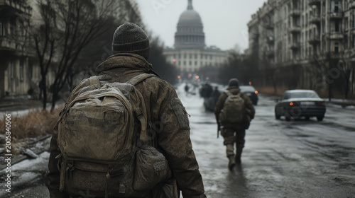 Soldiers with backpacks walking on a snowy street towards a large building