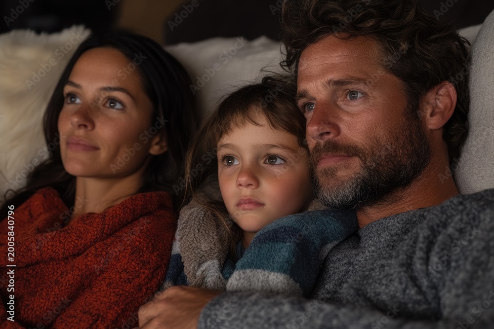 Fototapeta premium Portrait of a sick family lying on the sofa at night.