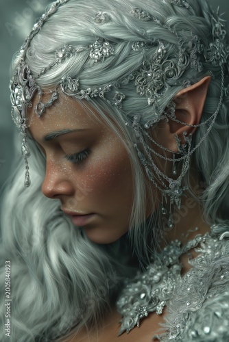 A close-up profile of an ethereal elf woman with silver hair, adorned with intricate silver jewelry and delicate chains, her eyes closed in serene contemplation.