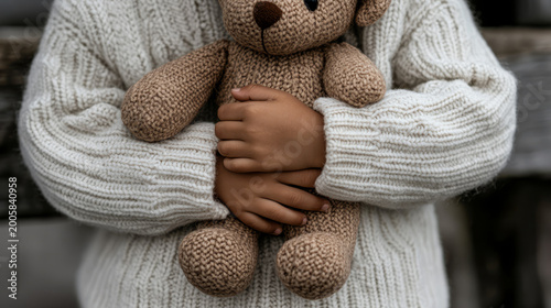 Child's hands holding a knitted teddy bear, wearing a cozy sweater