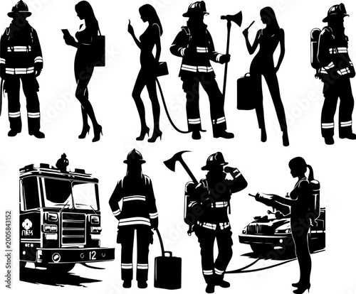 Quadro em tela Vector sketch illustration of silhouette design of firefighters on standby to an