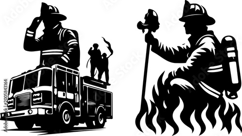 Fotografía Vector sketch illustration of silhouette design of firefighters on standby to an