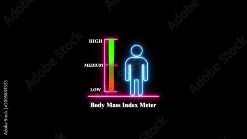 Neon body mass index meter infographic: digital health tracking and bmi measurement visualization on black background