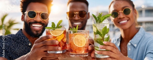Three friends toasting cocktails on a sunny rooftop celebrating summer and good times